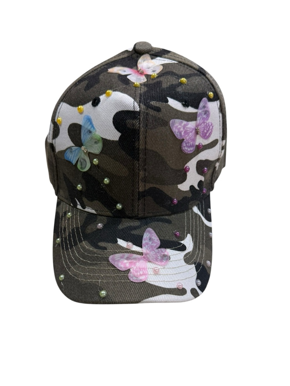 One-of-a-Kind Handmade Camo Butterfly & Pearl Embellished Baseball Cap One size